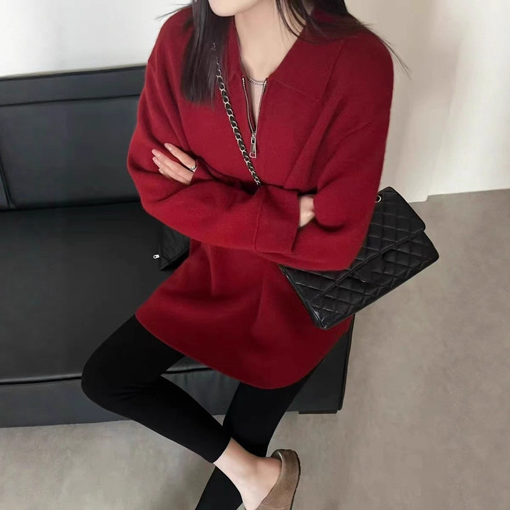 Ladies modest sweater with zipper and collar Lune London
