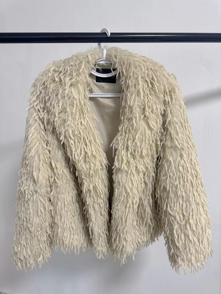 Ladies Short Cozy Jacket in Synthetic Fur with Chic and Stylish V-Neck
