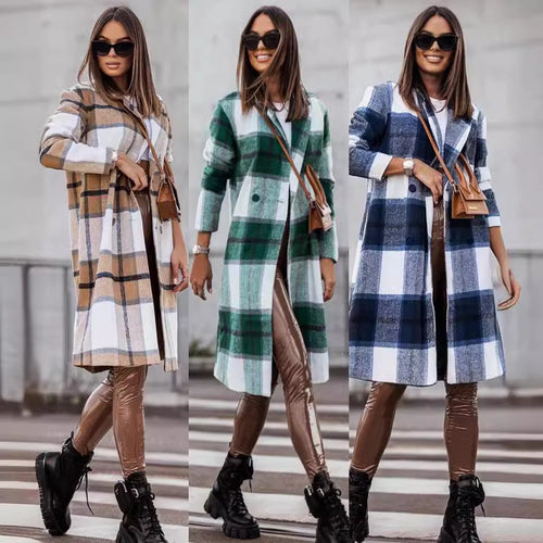 Long wool coat for women with plaid pattern and adjustable belt Lune London
