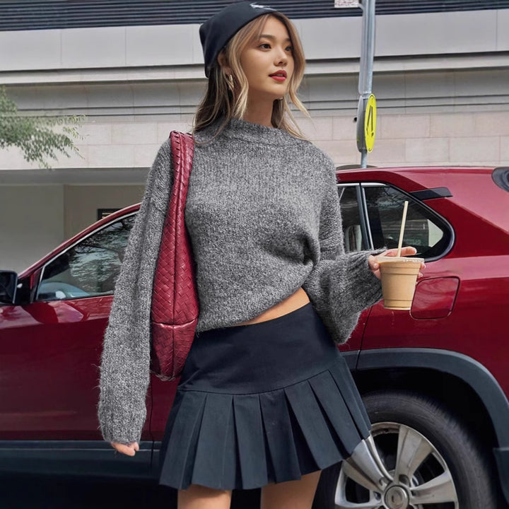 Ladies trendy knit sweater with loose fit and high collar Lune London