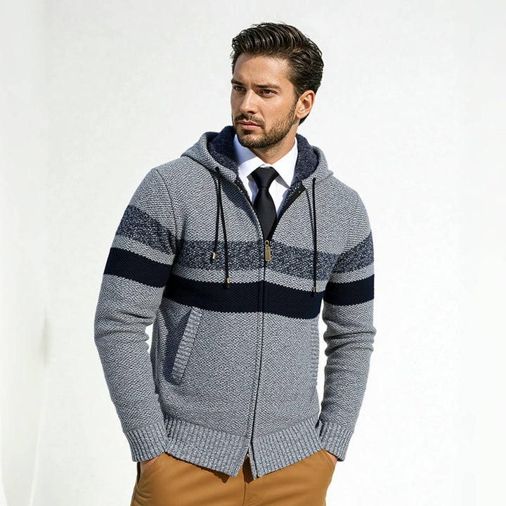 Men's trendy knit hoodie with contrasting decorative stripes and practical pockets Lune London