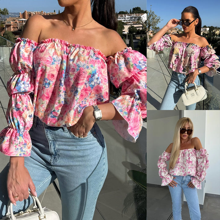 Woman Chic Top with Off-Shoulder and Puff Sleeves with Flowers