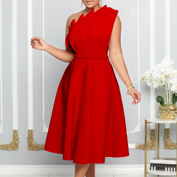 Charming one-shoulder dress for ladies with draping and fitted belt Lune London