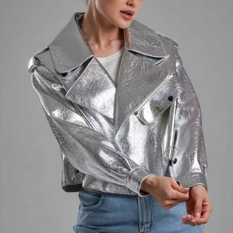 Fashion biker jacket for women with shiny finish Lune London