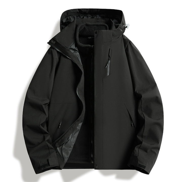 Waterproof outdoor jacket for men with insulating lining and adjustable hood drawstring Lune London