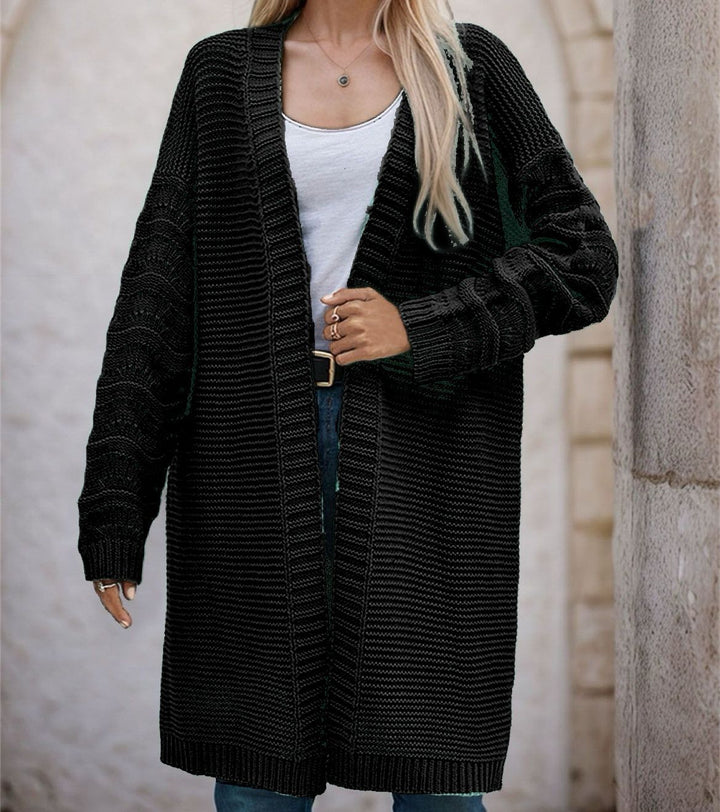 Ladies Long Knit Cardigan with an airy mesh structure and an open front Lune London