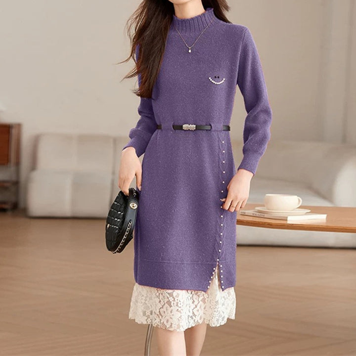 Women's knit dress with decorative button details and lace Lune London