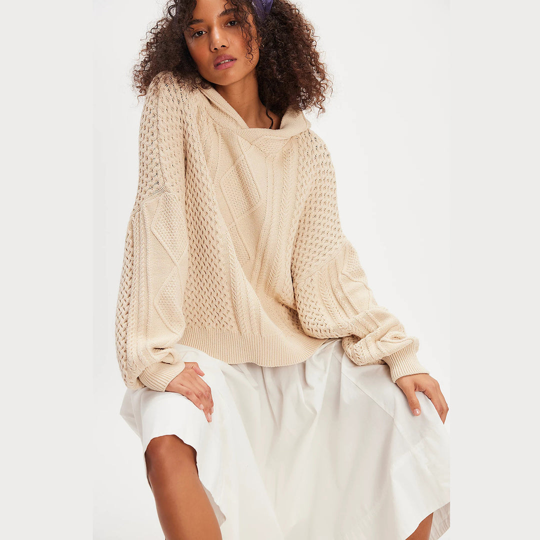 Ladies chunky knit hoodie with stylish braid pattern Lune London