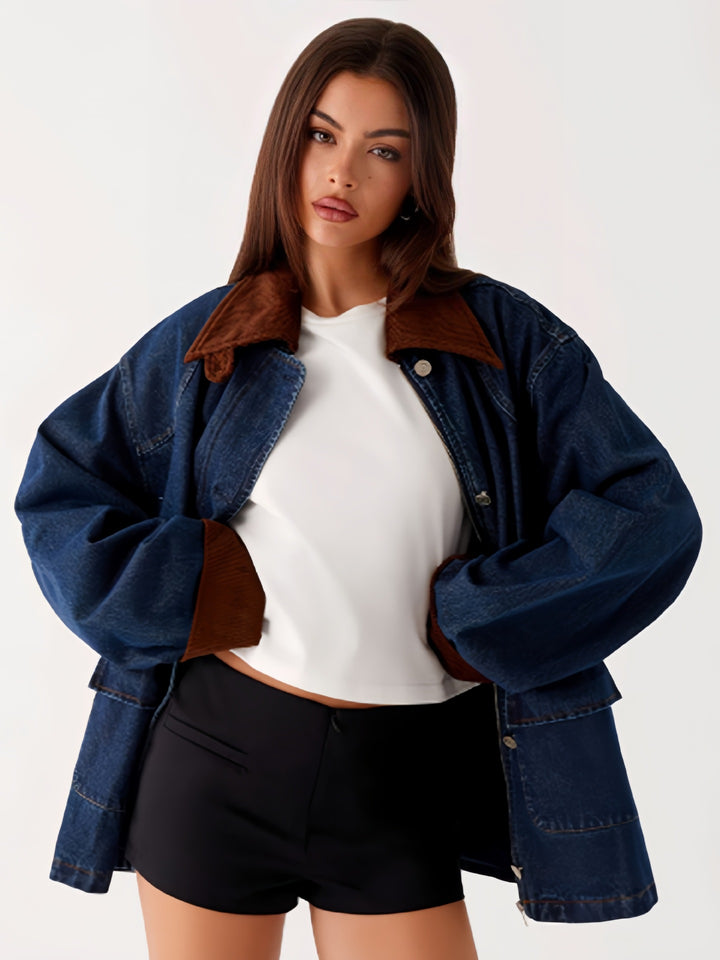 Denim jacket for women with hood and contrast sleeves Lune London