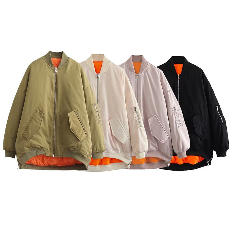 Fashionable oversized bomber jacket for women with functional pockets and sporty design Lune London