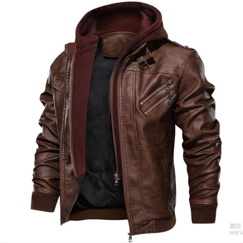 Men's leather jacket in modern biker style with removable hood Lune London