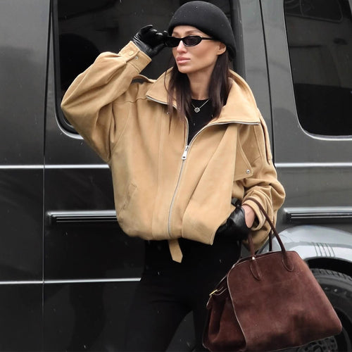 Lady Oversized Suede Jacket with Asymmetrical Cut and Chic Fashion Details