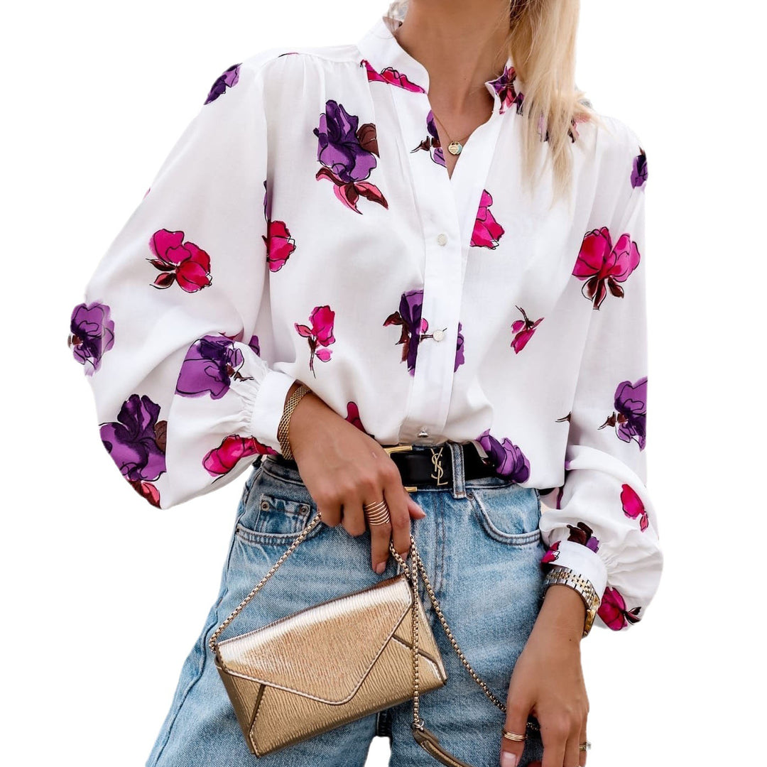 Women Elegant Blouse with Floral Pattern and Effective Puff Sleeves Lune London