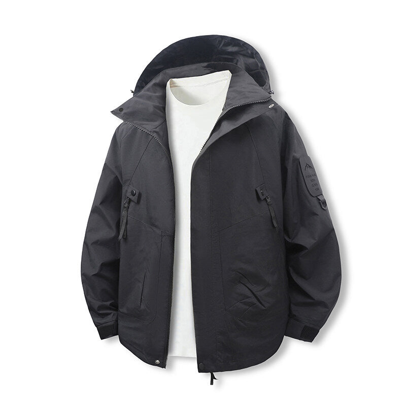 Functional outdoor jacket for men with adjustable hood area and multiple pockets Lune London