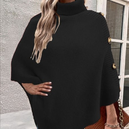Ladies knitted poncho with high collar and button details Lune London