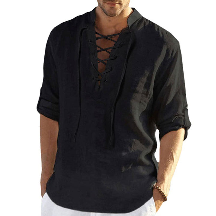 Airy linen shirt for men with decorative lace-up closure Lune London