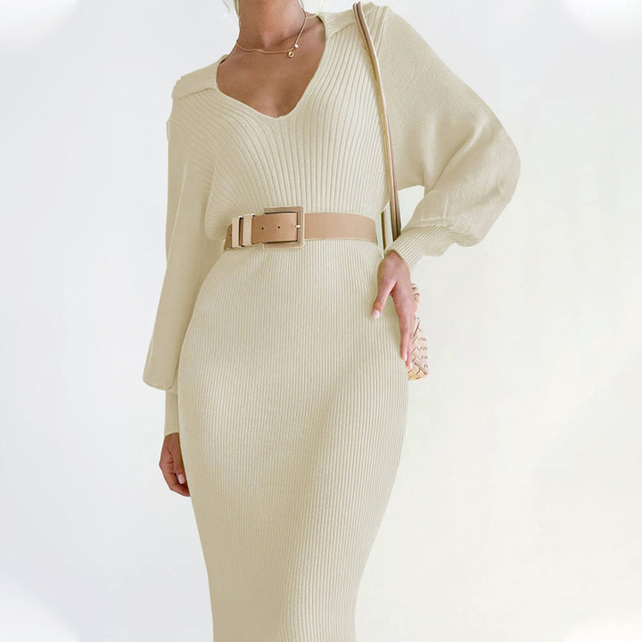 Knit dress for women with a waist belt and beautiful V-neck Lune London