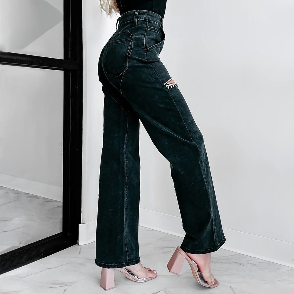 High-waisted jeans for women with an original cut-out design and discreet rhinestone appliqués Lune London