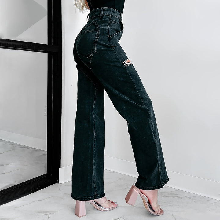 High-waisted jeans for women with an original cut-out design and discreet rhinestone appliqués Lune London