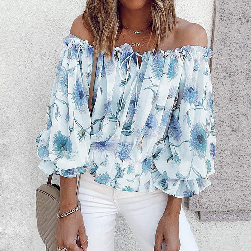 Off-shoulder blouse for women with floral patterns and ruffle details Lune London