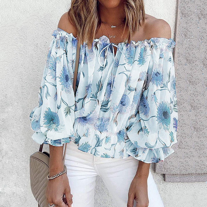Off-shoulder blouse for women with floral patterns and ruffle details Lune London