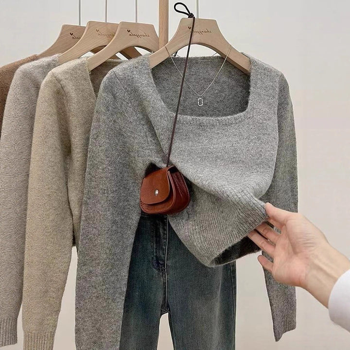 Pull court élégant pour femmes avec encolure carrée et texture à maille fine Chic & Stil