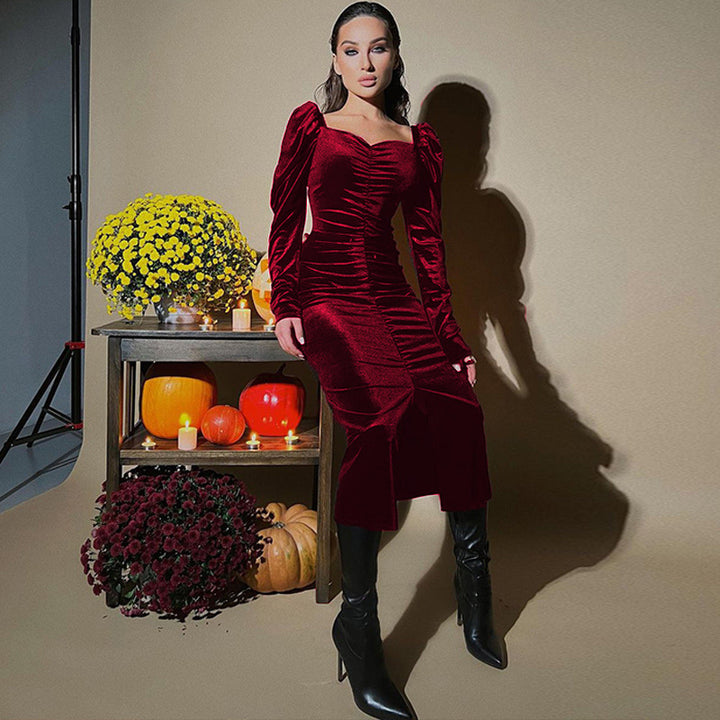 Ladies Elegant Long Sleeve Dress with Ruching and Pretty Square Neckline Lune London