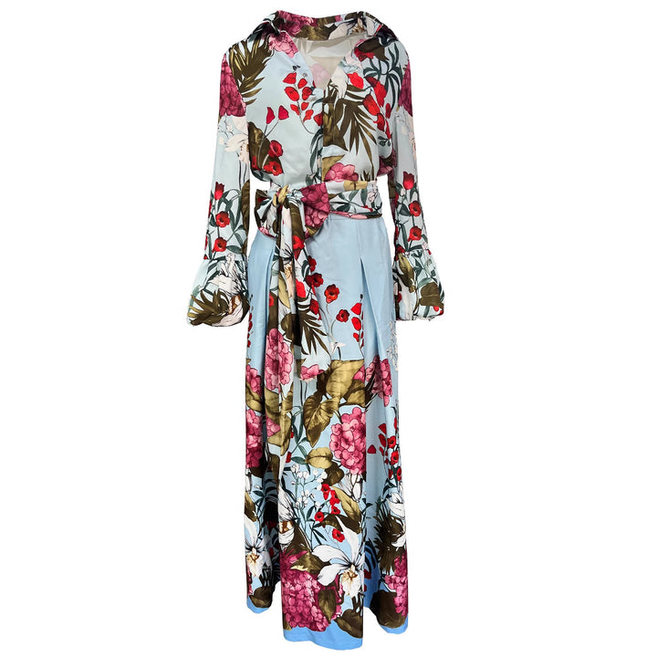 Ladies Elegant Maxi Dress with Floral Pattern and Beautiful Chic Belt and Style