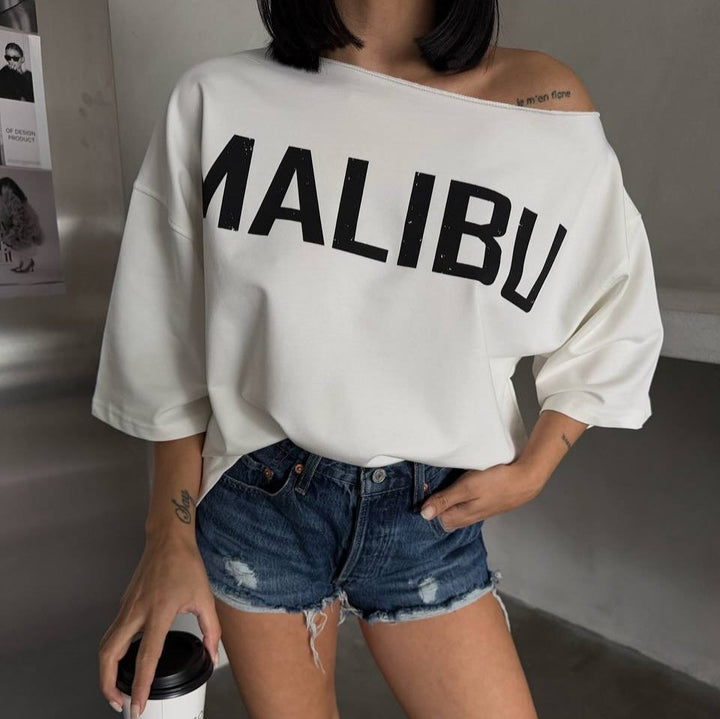 Oversized T-shirt for ladies with asymmetric neckline and contrasting print Lune London