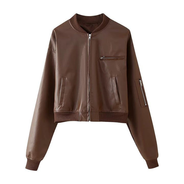 Women's leather bomber jacket with practical zip pockets and elastic waist Lune London