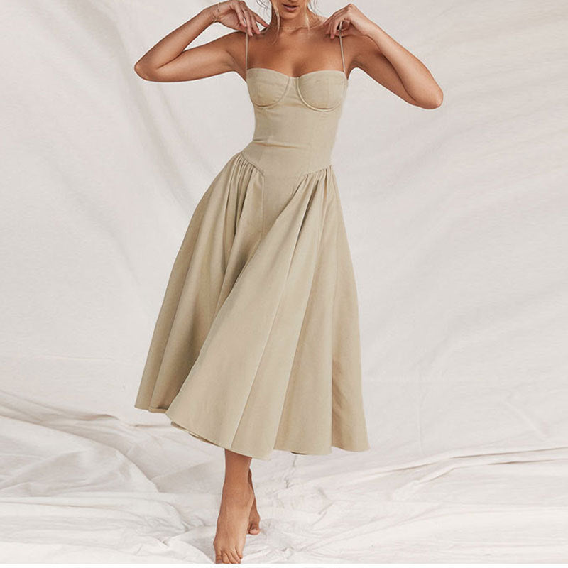 Mid-length dress for women with strapless design and voluminous pleated skirt Lune London