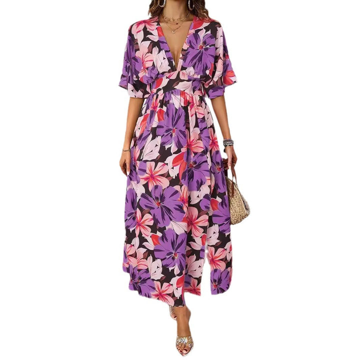 Maxi floral dress for women with deep V-neck and side slits Lune London