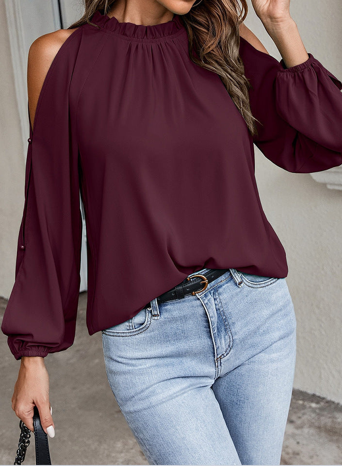 Women bardot blouse with balloon sleeves and a ruffled collar Lune London