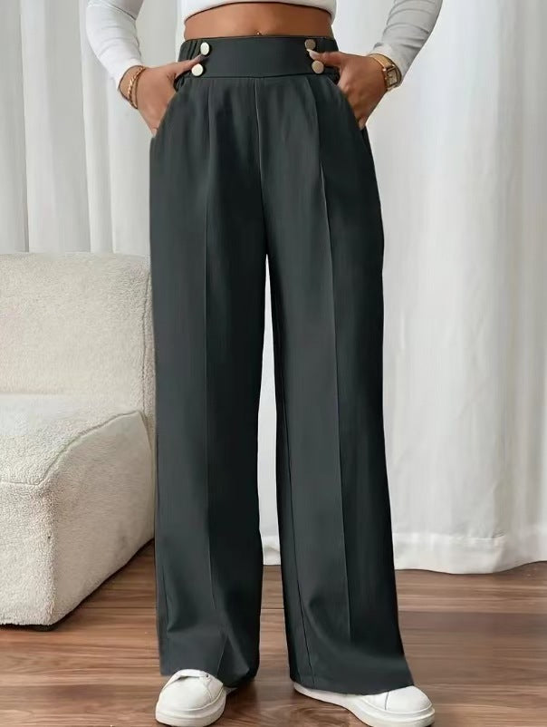 Pantalons élégants pour femmes taille haute avec des détails de boutons sur les côtés et une jambe large Chic & Stil