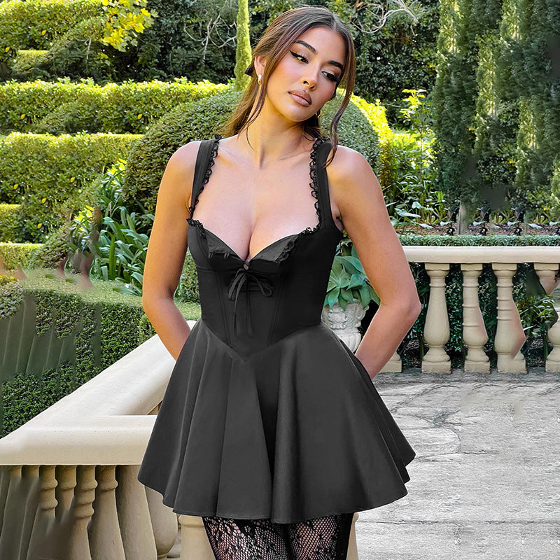 Playful mini dress for women with lace embellishments and a chic lace-up.