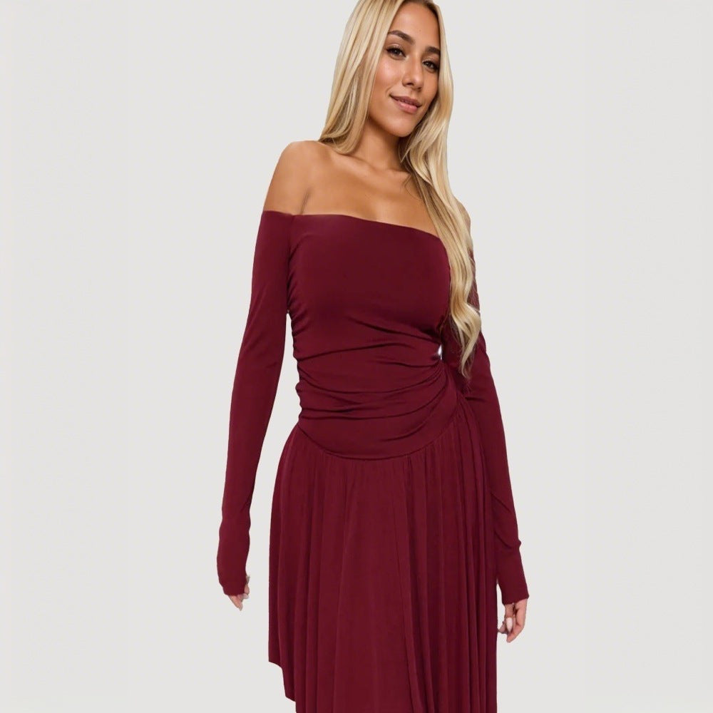 Robe midi femme dénudée des épaules avec ourlet asymétrique et manches longues Chic & Stil