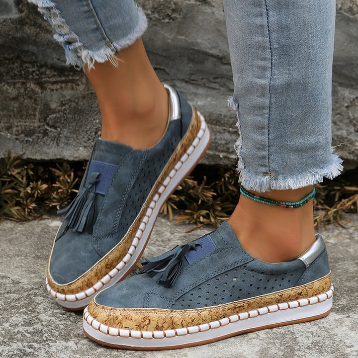 Comfortable Slip-On Sneakers for Women with Trendy Fringes and Cork Sole Lune London