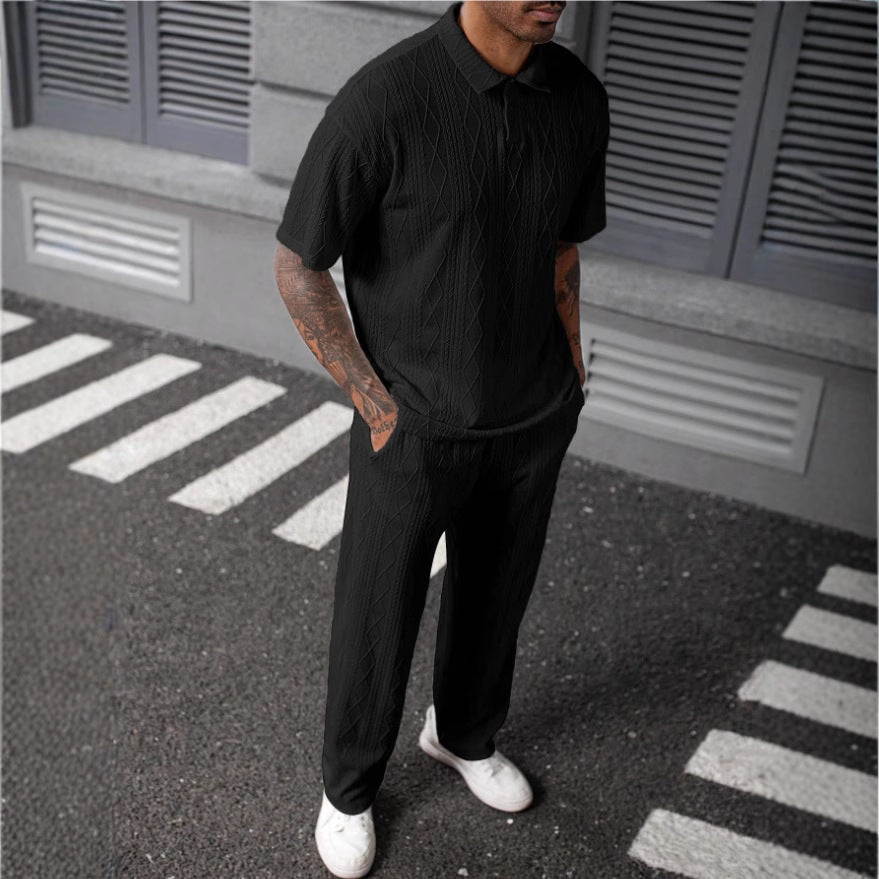 Men's Comfortable Cable Knit Polo Set and Pants Lune London