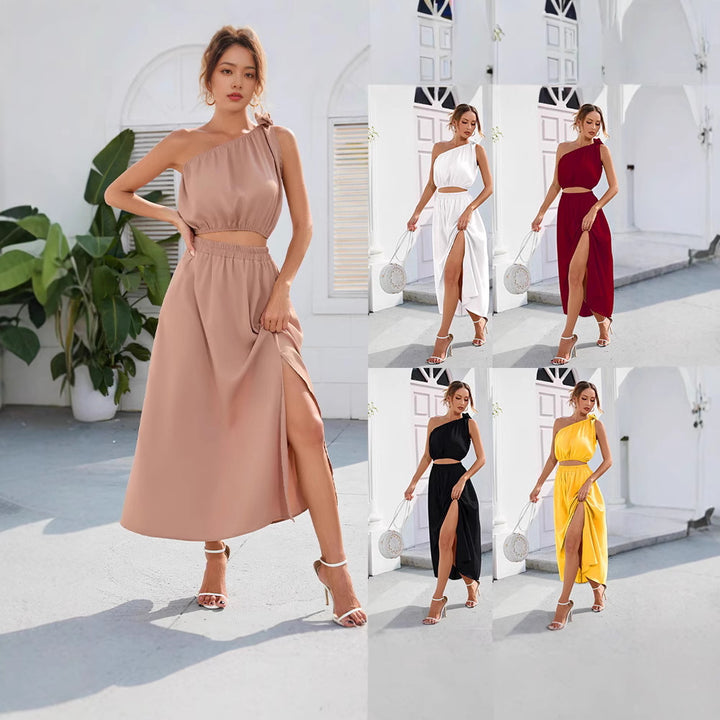 Asymmetrical maxi dress for ladies with buttonhole neckline and high slit Lune London