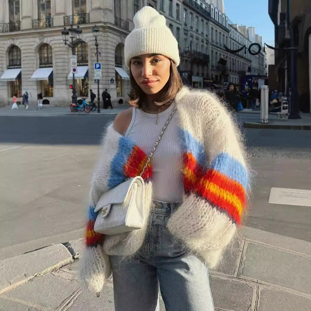 Casual knit cardigan for women with colorful stripes and a loose fit Lune London