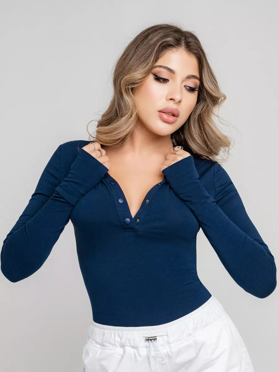 Women Long Sleeve Top with Button Placket and Fitted Cut Lune London