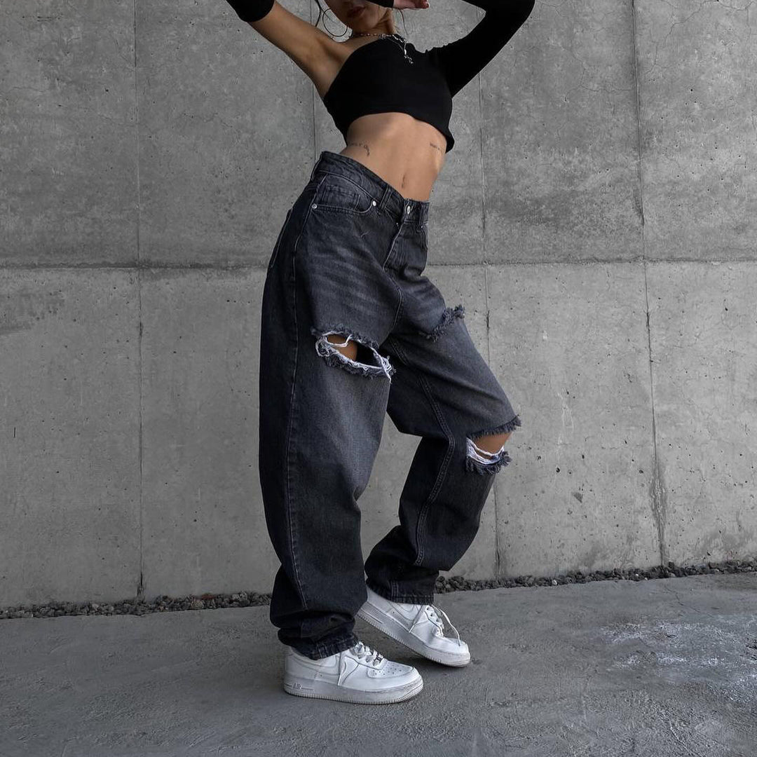 Marlene jeans for women with asymmetrical cut and distressed details Lune London