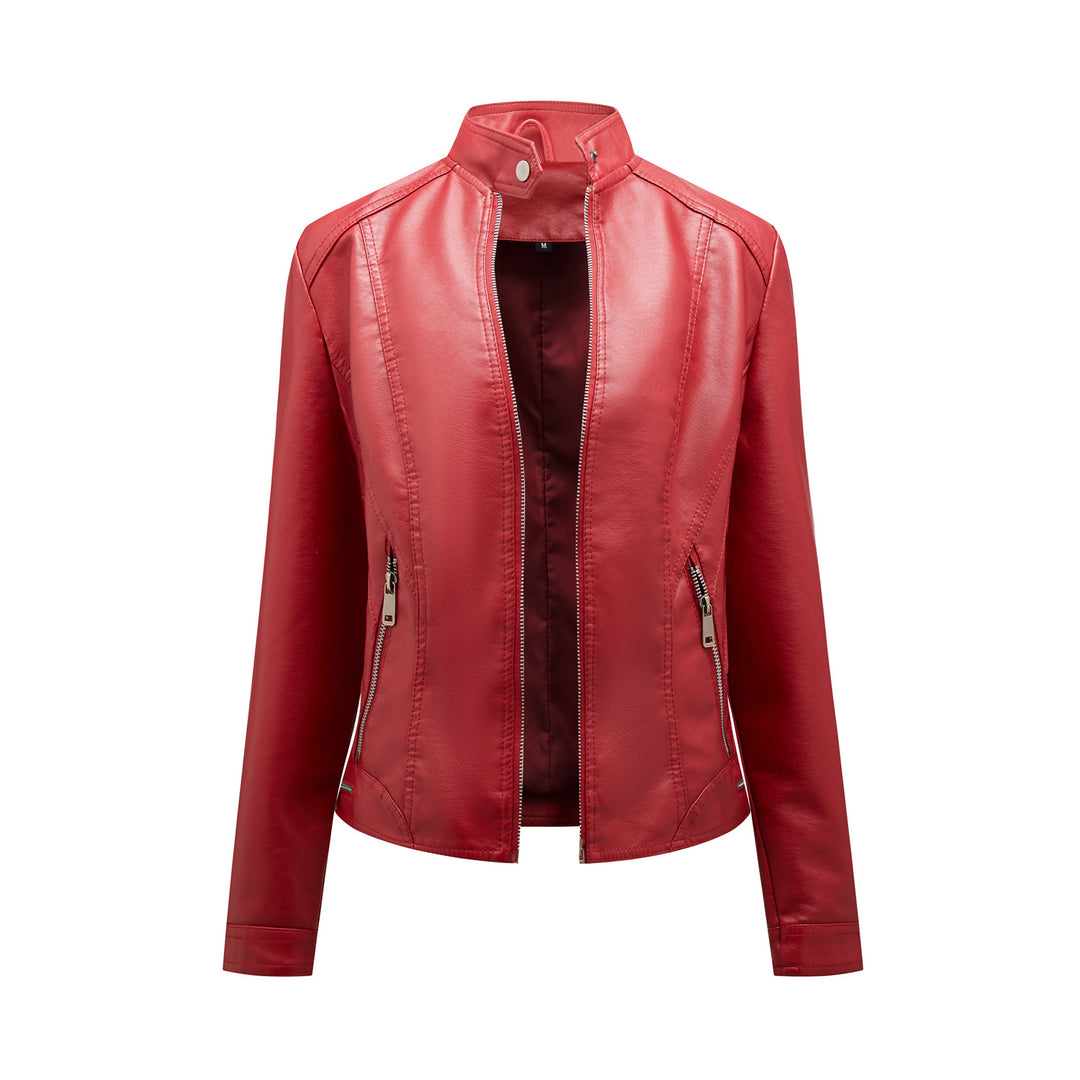Faux leather jacket for women with elegant high collar and practical zippered pockets Lune London
