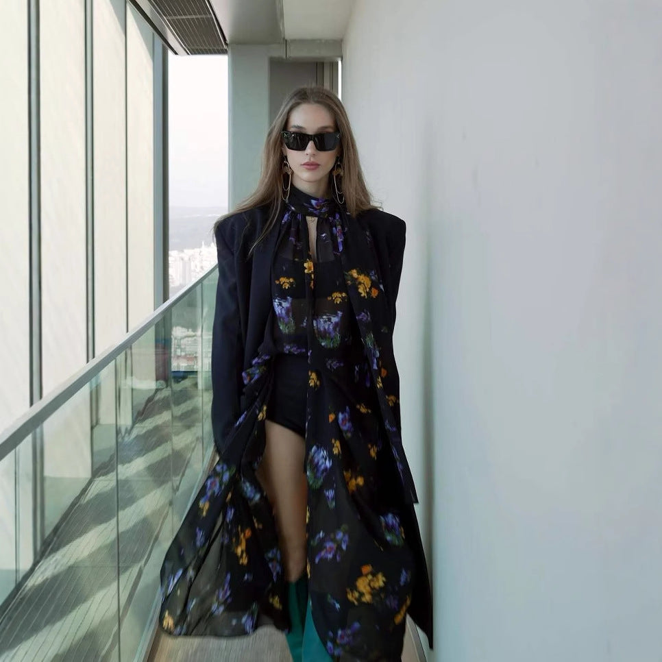 Maxi dress for women with elegant high collar and printed floral design Lune London