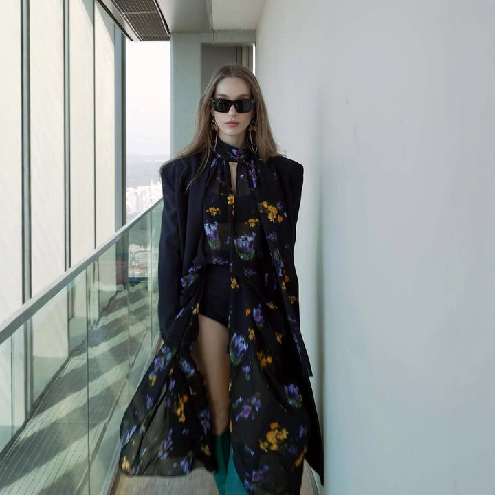 Maxi dress for women with elegant high collar and printed floral design Lune London
