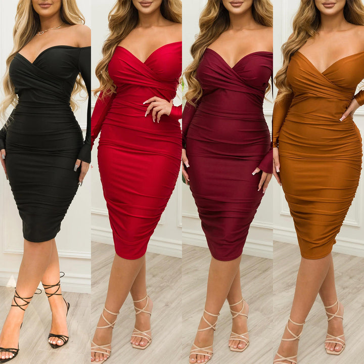 Chic Bodycon Dress with Ruffle Style Off-Shoulder for Women