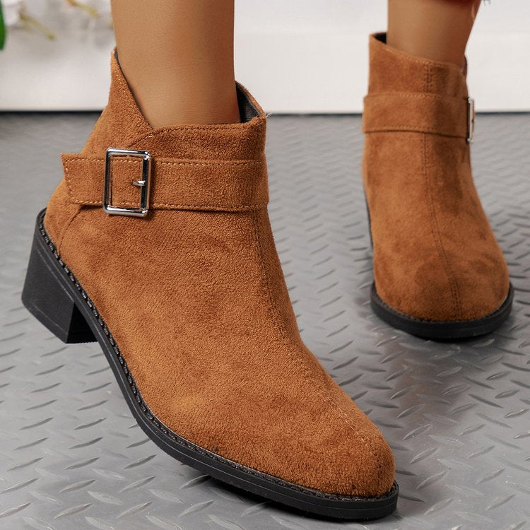 Women's ankle boots with a fashionable buckle detail and a comfortable square heel Lune London