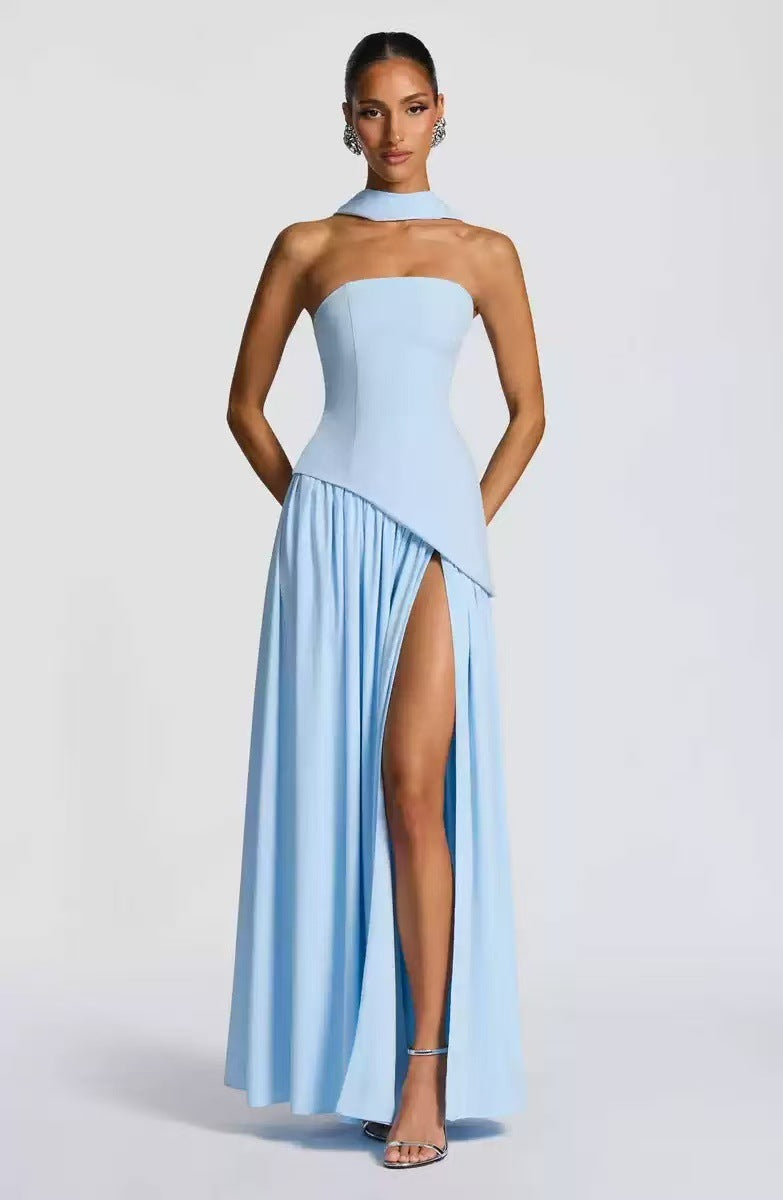 Ladies Floor-Length Maxi Dress with Shoulder-Free Design and Elegant Slit