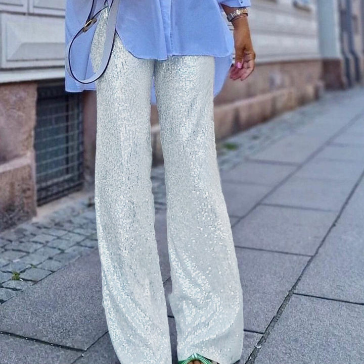 Women Sparkling Palazzo Pants with Shimmering Sequins and High Waist Lune London