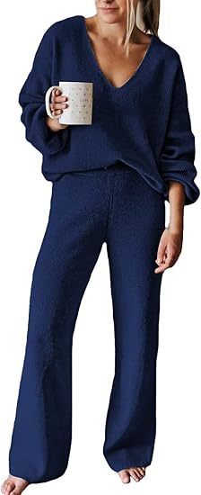 Dames Ensemble tricot confortable avec décolleté en V et jambe large Lune London